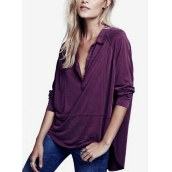We the Free Free People hi-low purple collared oversized long sleeve top S - Picture 1 of 10